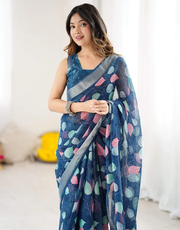 Navy_Blue_Linen_Printed_Saree