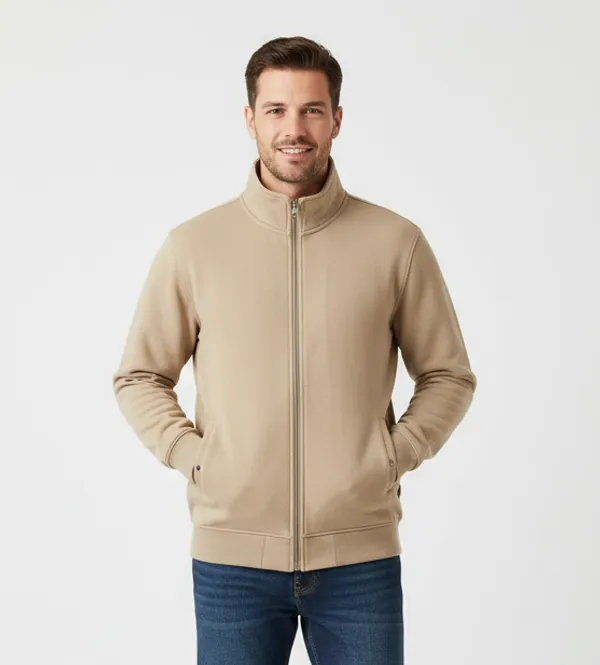 Beige_Fleece_Zippered_Full-Zip_Slim_Fit_Jacket_For_Men