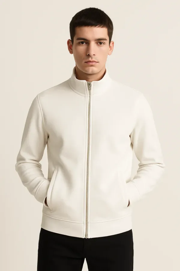 White_Fleece_Zippered_Full-Zip_Slim_Fit_Jacket_For_Men