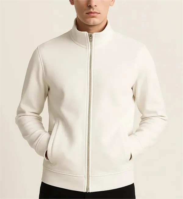 White_Fleece_Zippered_Full-Zip_Slim_Fit_Jacket_For_Men