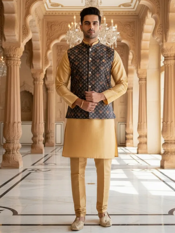 Gold_Abstract_Print_Cotton_Blend_Kurta_With_Pant_Pajama_Set_For_Men's