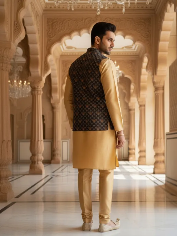 Gold_Abstract_Print_Cotton_Blend_Kurta_With_Pant_Pajama_Set_For_Men's