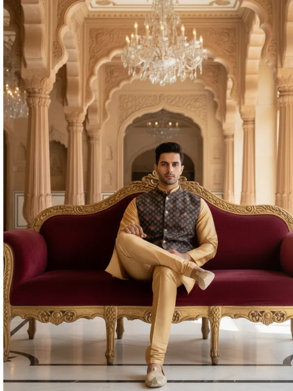 Gold_Abstract_Print_Cotton_Blend_Kurta_With_Pant_Pajama_Set_For_Men's