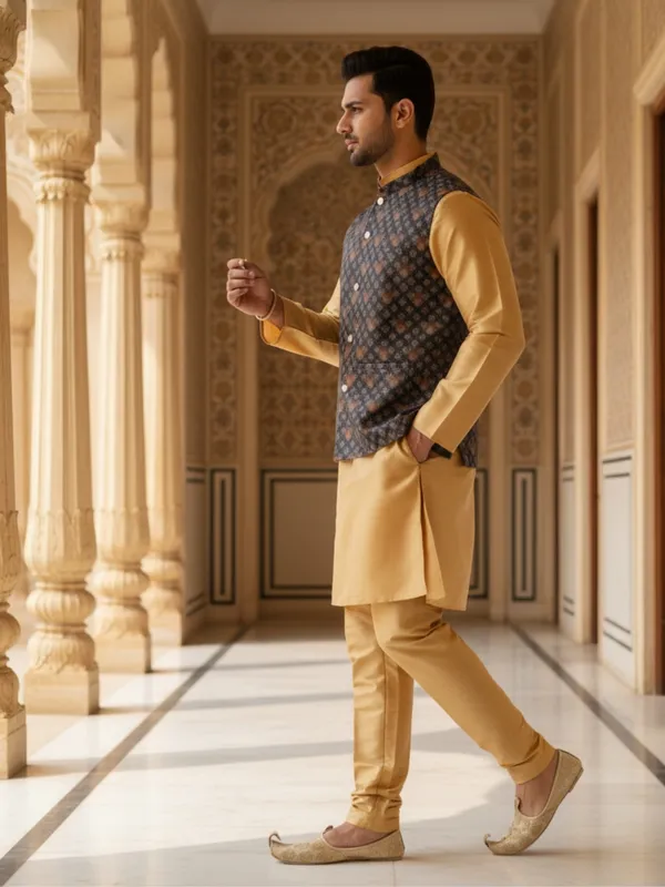 Gold_Abstract_Print_Cotton_Blend_Kurta_With_Pant_Pajama_Set_For_Men's