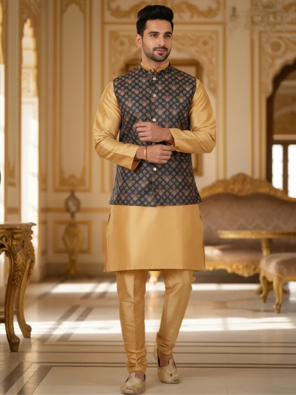 Gold_Abstract_Print_Cotton_Blend_Kurta_With_Pant_Pajama_Set_For_Men's
