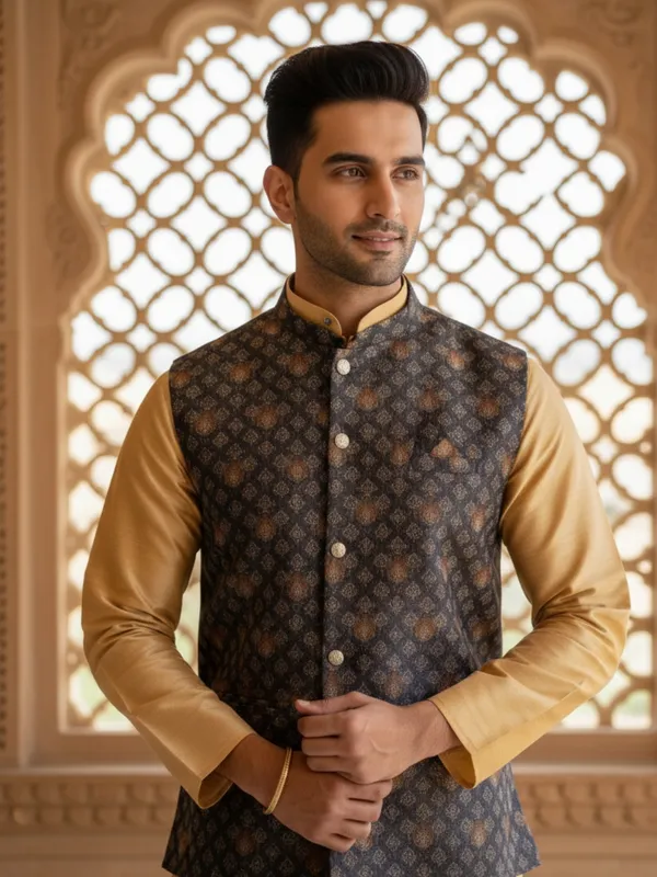 Gold_Abstract_Print_Cotton_Blend_Kurta_With_Pant_Pajama_Set_For_Men's