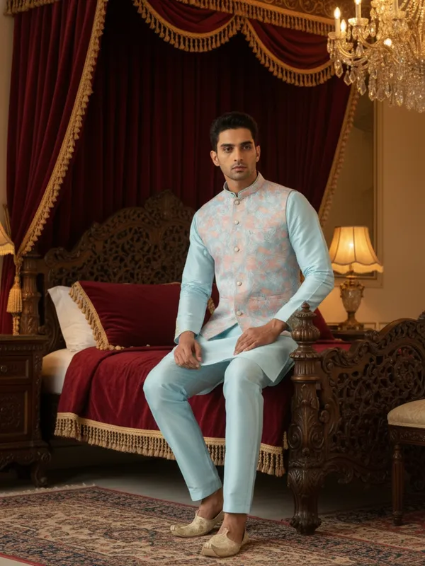 Sky_Blue_Abstract_Print_Cotton_Blend_Kurta_Pant_Pajama_With_Koti__Set_Of_3_For_Men's