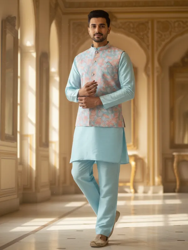 Sky_Blue_Abstract_Print_Cotton_Blend_Kurta_Pant_Pajama_With_Koti__Set_Of_3_For_Men's