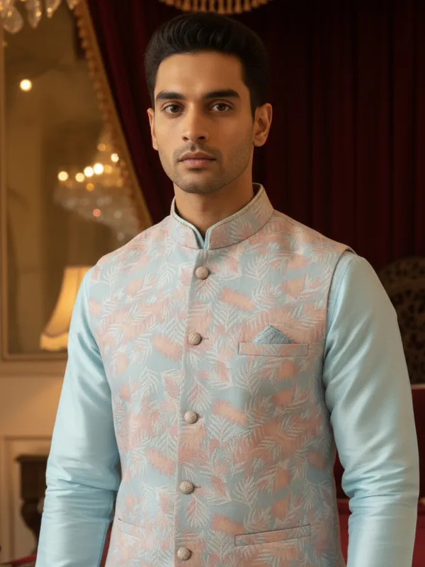Sky_Blue_Abstract_Print_Cotton_Blend_Kurta_Pant_Pajama_With_Koti__Set_Of_3_For_Men's