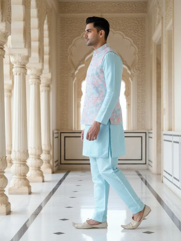 Sky_Blue_Abstract_Print_Cotton_Blend_Kurta_Pant_Pajama_With_Koti__Set_Of_3_For_Men's