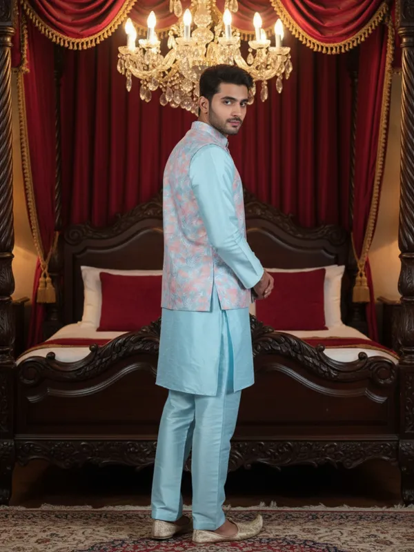 Sky_Blue_Abstract_Print_Cotton_Blend_Kurta_Pant_Pajama_With_Koti__Set_Of_3_For_Men's