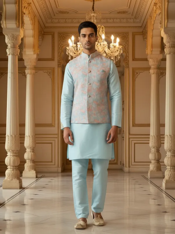 Sky_Blue_Abstract_Print_Cotton_Blend_Kurta_Pant_Pajama_With_Koti__Set_Of_3_For_Men's