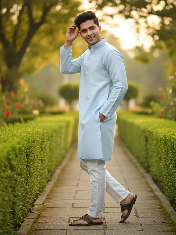 Sky_Blue_Solid_Cotton_Kurta_and_Pant_Pajama_Set_For_Men's_