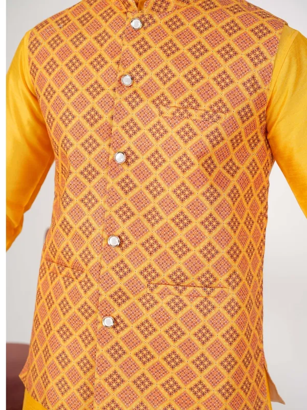 Yellow_Men_Abstract_Print_Cotton_Blend_Kurta_Pajama_With_Koti_Set_Of_3_For_Mens