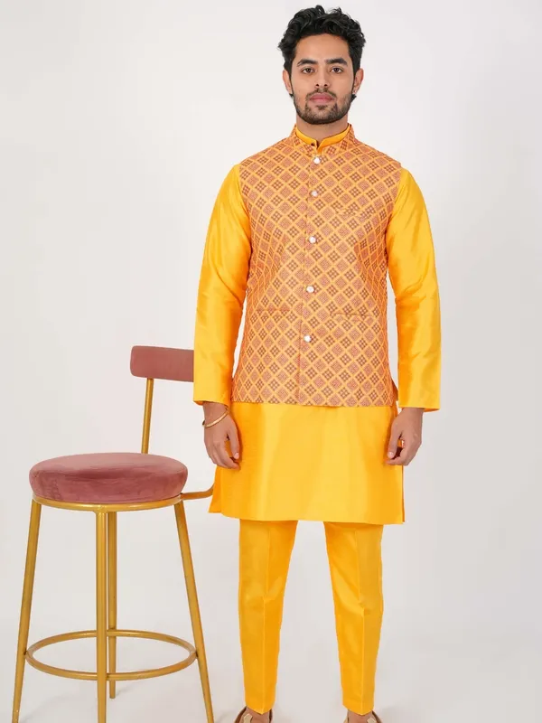 Yellow_Men_Abstract_Print_Cotton_Blend_Kurta_Pajama_With_Koti_Set_Of_3_For_Mens