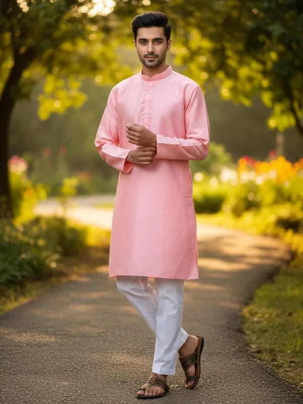 Dark_Pink_Solid_Cotton_Kurta_and_Pant_Pajama_Set_For_Men's_