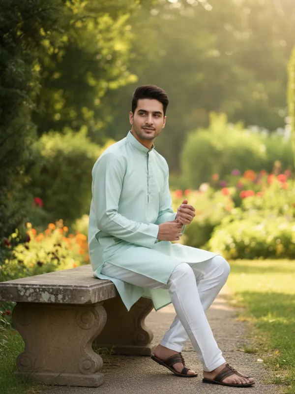 White_Sky_Blue_Solid_Cotton_Kurta_and_Pant_Pajama_Set_For_Men's