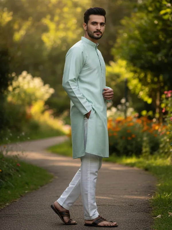 White_Sky_Blue_Solid_Cotton_Kurta_and_Pant_Pajama_Set_For_Men's