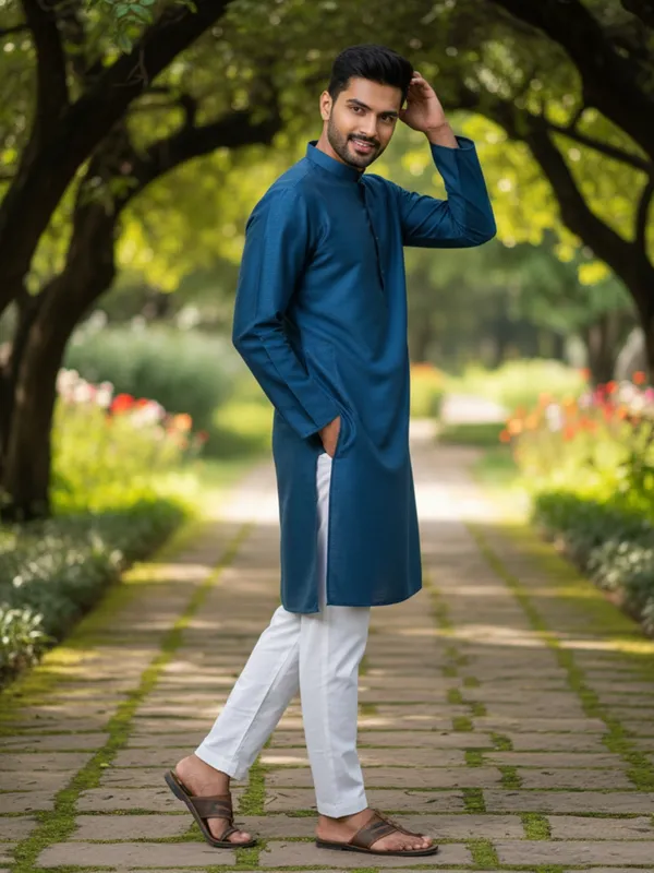 Dark_Blue_Solid_Cotton_Kurta_and_Pant_Pajama_Set_For_Men's