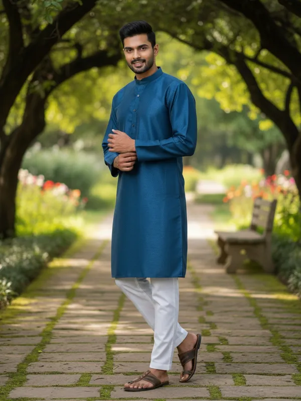 Dark_Blue_Solid_Cotton_Kurta_and_Pant_Pajama_Set_For_Men's