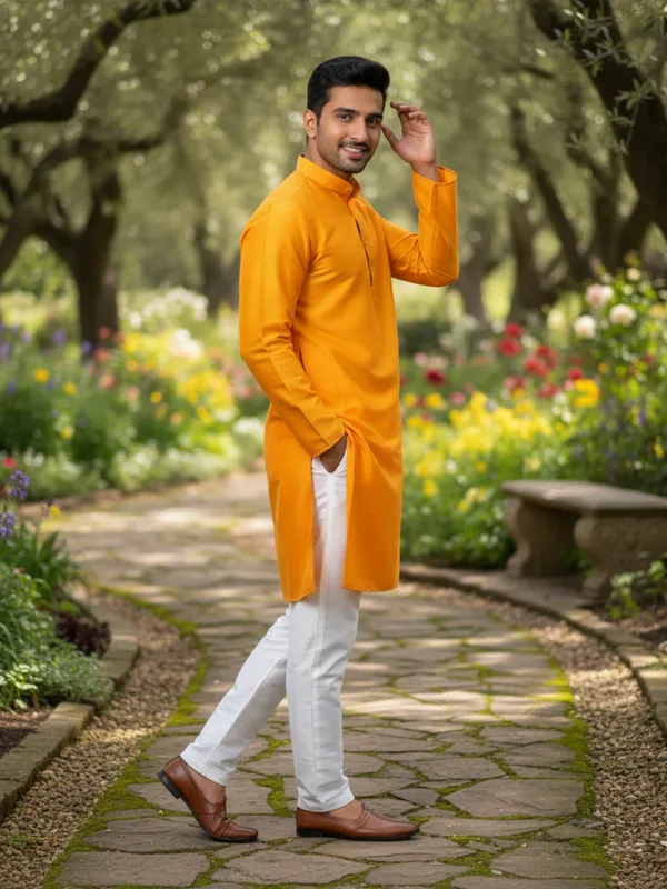 Yellow_Solid_Cotton_Kurta_and_Pant_Pajama_Set_For_Men's