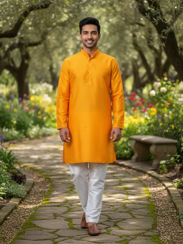 Yellow_Solid_Cotton_Kurta_and_Pant_Pajama_Set_For_Men's