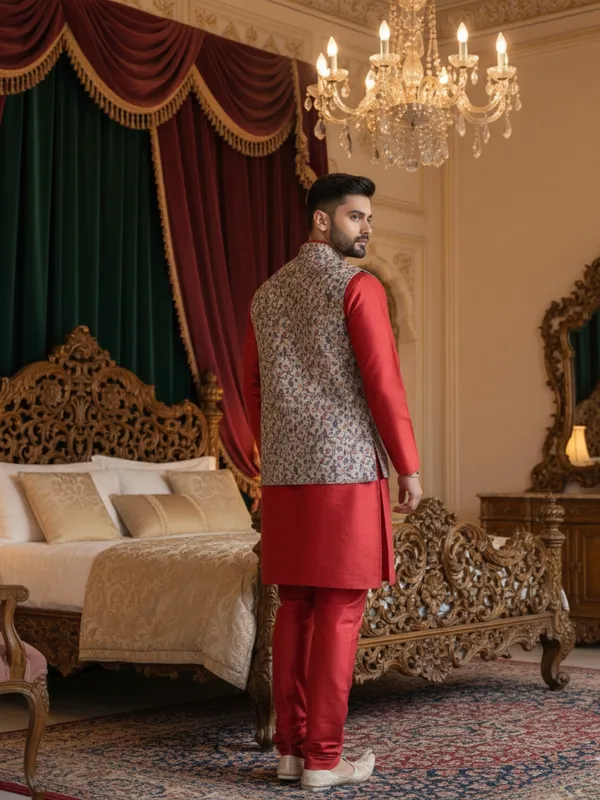 Red_Abstract_Print_Cotton_Blend_Kurta_With_Pant_Pajama_Set_For_Men's
