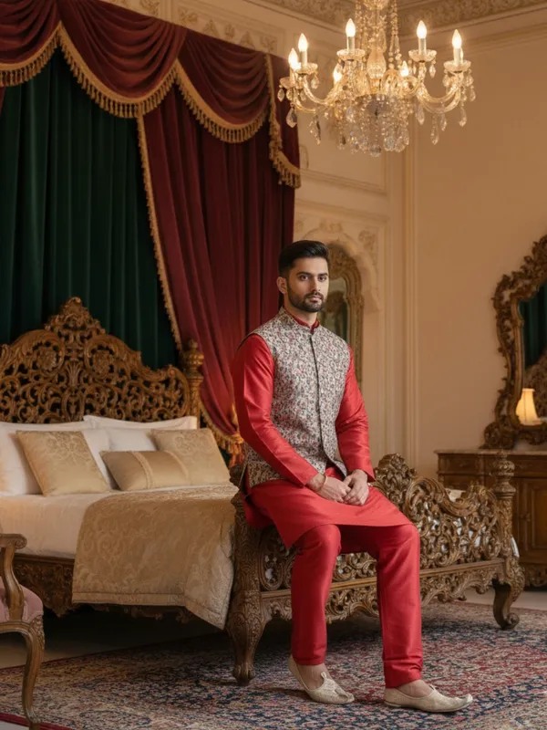 Red_Abstract_Print_Cotton_Blend_Kurta_With_Pant_Pajama_Set_For_Men's