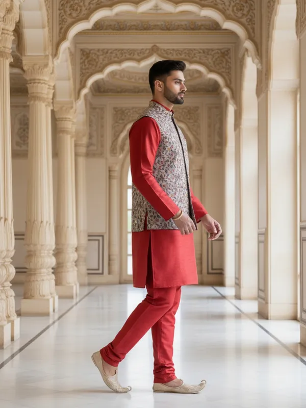 Red_Abstract_Print_Cotton_Blend_Kurta_With_Pant_Pajama_Set_For_Men's