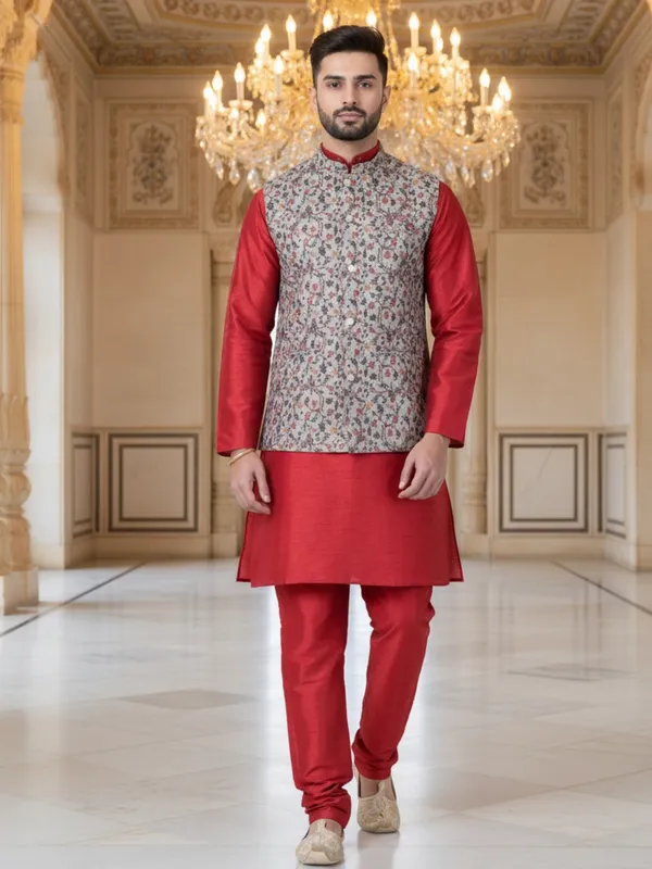 Red_Abstract_Print_Cotton_Blend_Kurta_With_Pant_Pajama_Set_For_Men's