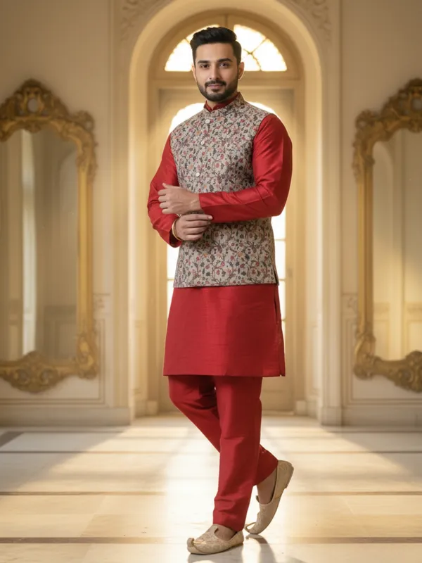 Red_Abstract_Print_Cotton_Blend_Kurta_With_Pant_Pajama_Set_For_Men's