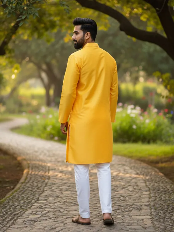 Yellow_Solid_Cotton_Kurta_and_Pant_Pajama_Set_For_Men's_