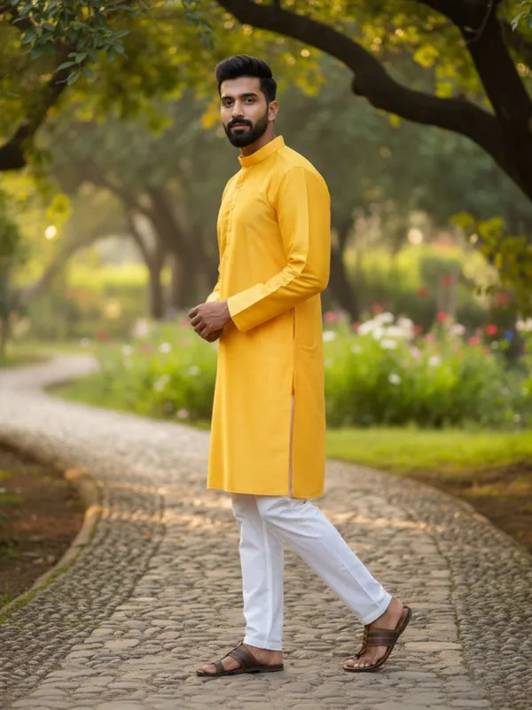Yellow_Solid_Cotton_Kurta_and_Pant_Pajama_Set_For_Men's_