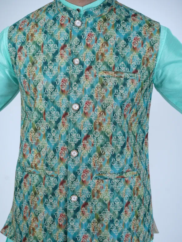 Light_Blue_Abstract_Print_Cotton_Blend_Kurta_With_Pant_Pajama_Set_For_Men's
