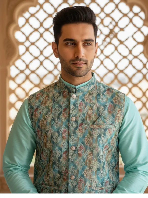 Light_Blue_Abstract_Print_Cotton_Blend_Kurta_With_Pant_Pajama_Set_For_Men's