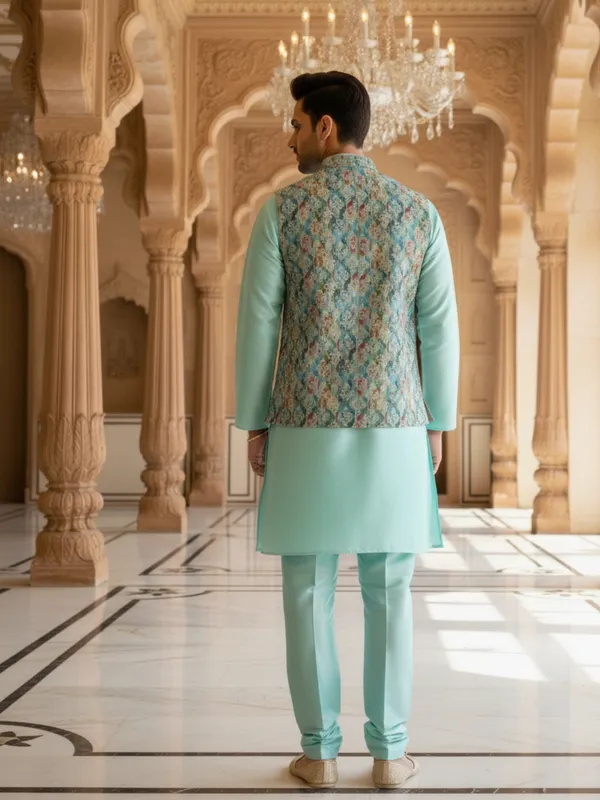 Light_Blue_Abstract_Print_Cotton_Blend_Kurta_With_Pant_Pajama_Set_For_Men's