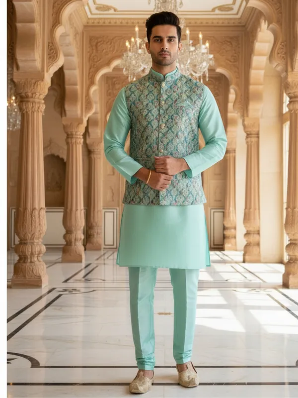 Light_Blue_Abstract_Print_Cotton_Blend_Kurta_With_Pant_Pajama_Set_For_Men's