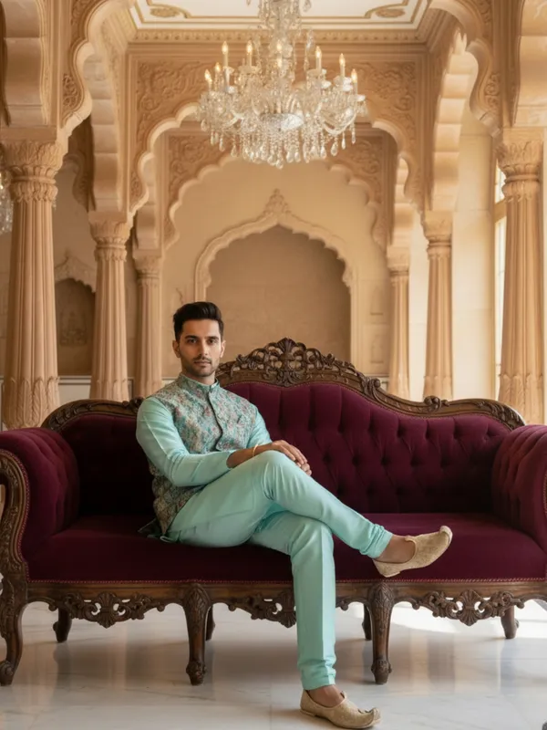 Light_Blue_Abstract_Print_Cotton_Blend_Kurta_With_Pant_Pajama_Set_For_Men's