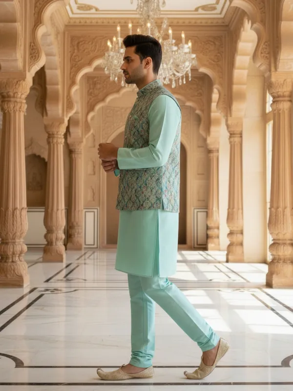 Light_Blue_Abstract_Print_Cotton_Blend_Kurta_With_Pant_Pajama_Set_For_Men's