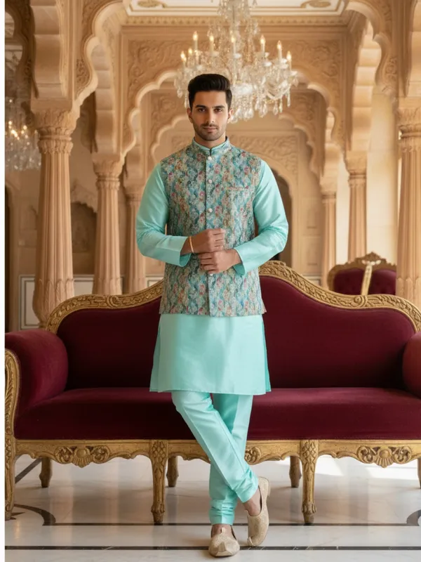 Light_Blue_Abstract_Print_Cotton_Blend_Kurta_With_Pant_Pajama_Set_For_Men's
