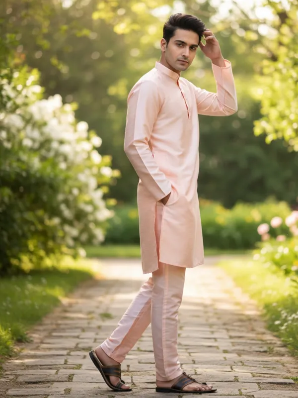 Light_Pink_Solid_Cotton_Kurta_and_Pant_Pajama_Set_For_Men's