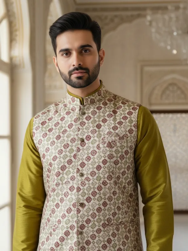 Mehndi_Abstract_Print_Cotton_Blend_Kurta_With_Pant_Pajama_Set_For_Men's