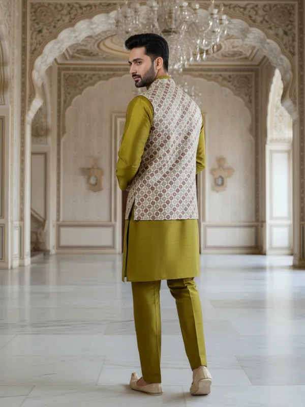 Mehndi_Abstract_Print_Cotton_Blend_Kurta_With_Pant_Pajama_Set_For_Men's