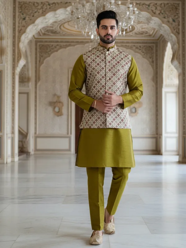 Mehndi_Abstract_Print_Cotton_Blend_Kurta_With_Pant_Pajama_Set_For_Men's