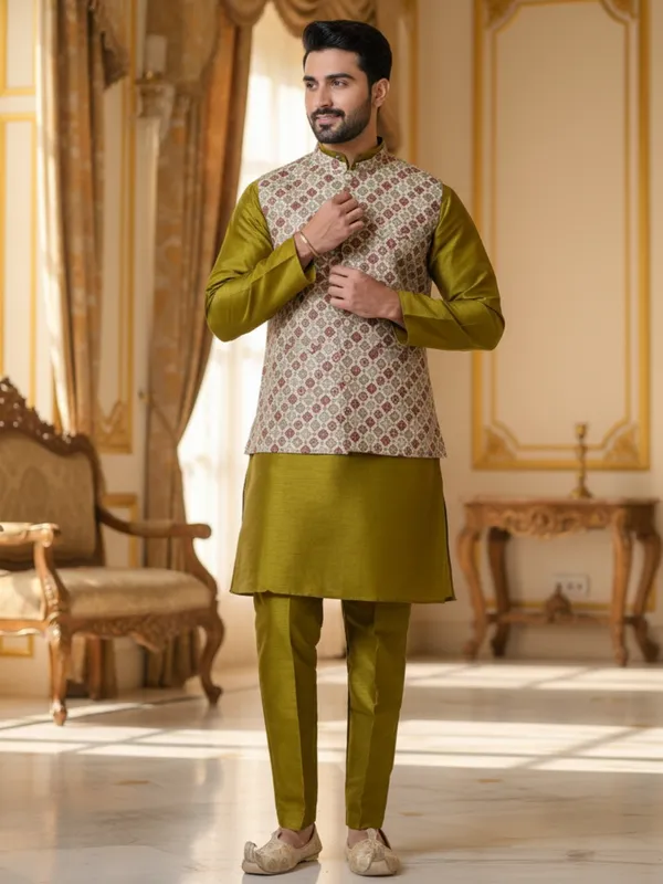 Mehndi_Abstract_Print_Cotton_Blend_Kurta_With_Pant_Pajama_Set_For_Men's