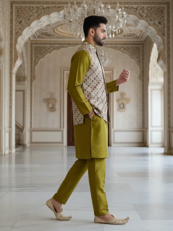 Mehndi_Abstract_Print_Cotton_Blend_Kurta_With_Pant_Pajama_Set_For_Men's