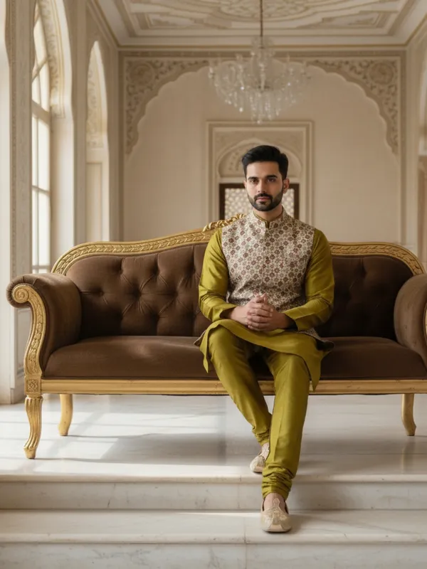 Mehndi_Abstract_Print_Cotton_Blend_Kurta_With_Pant_Pajama_Set_For_Men's