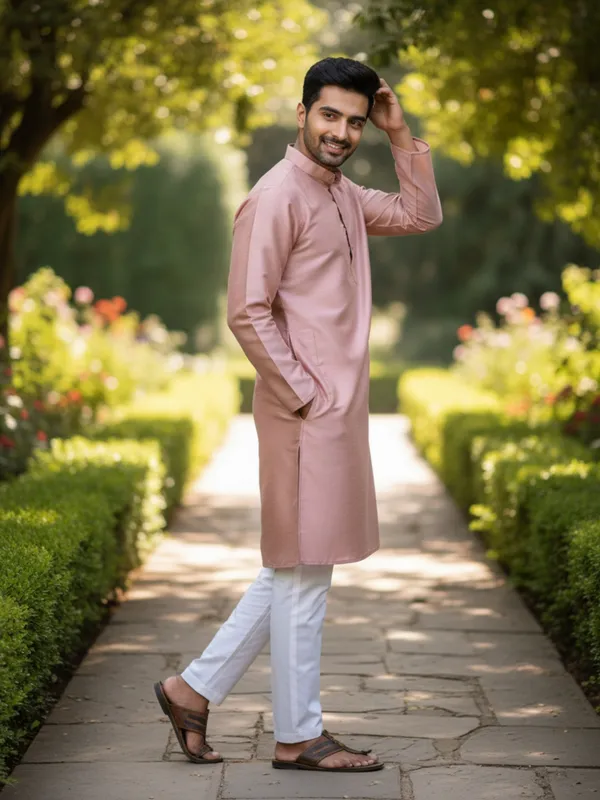 Peach_Solid_Cotton_Kurta_And_Pant_Pajama_Set_For_Men's