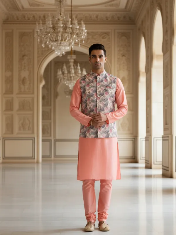 Dark_Pink_Abstract_Print_Cotton_Blend_Kurta_Pant_Pajama_With_Koti_Set_Of_3_For_Men's