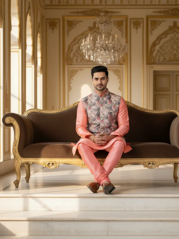 Dark_Pink_Abstract_Print_Cotton_Blend_Kurta_Pant_Pajama_With_Koti_Set_Of_3_For_Men's